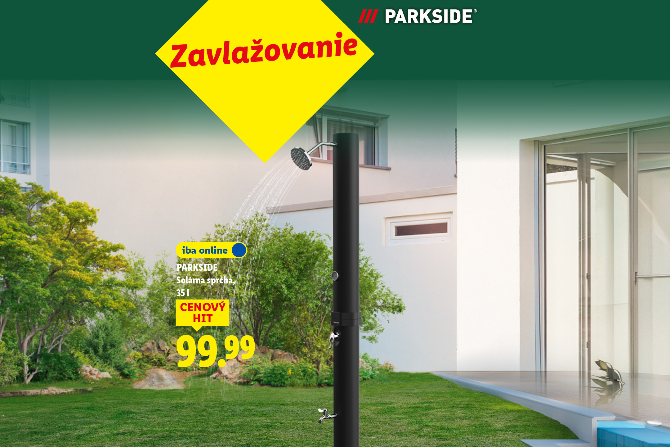 Zavlažovanie s Parkside. Vonkajšia solárna sprcha s objemom 35 litrov, cenový hit za 99,99 eur.