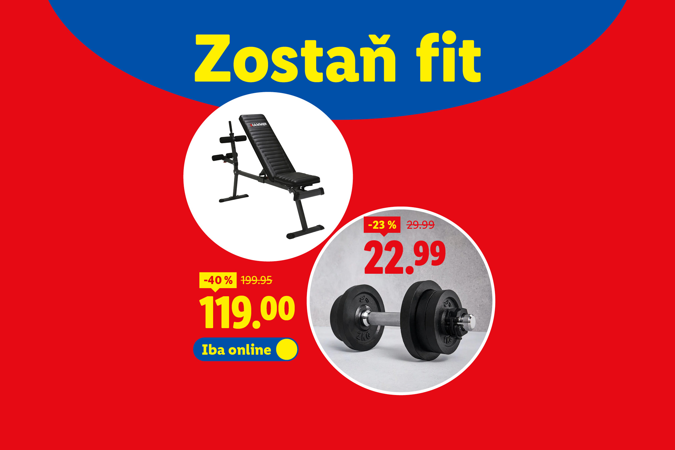 Reklama Lidl: „Zostaň fit“ s posilňovacou lavicou Hammer a činkami so zľavami.