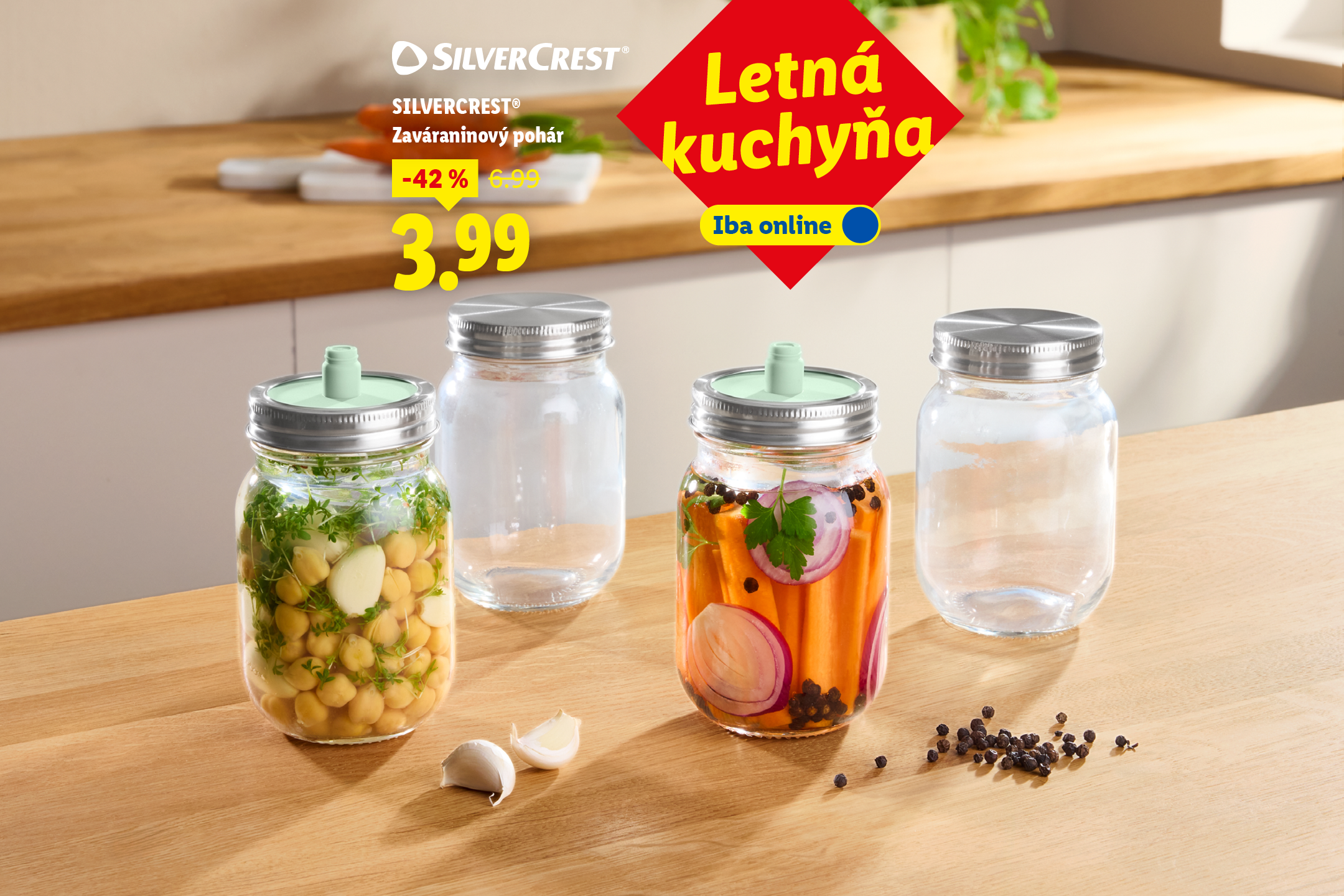 Letná kuchyňa: zaváracie poháre s fermentovanou zeleninou, zľava 42% na 3,99 €.