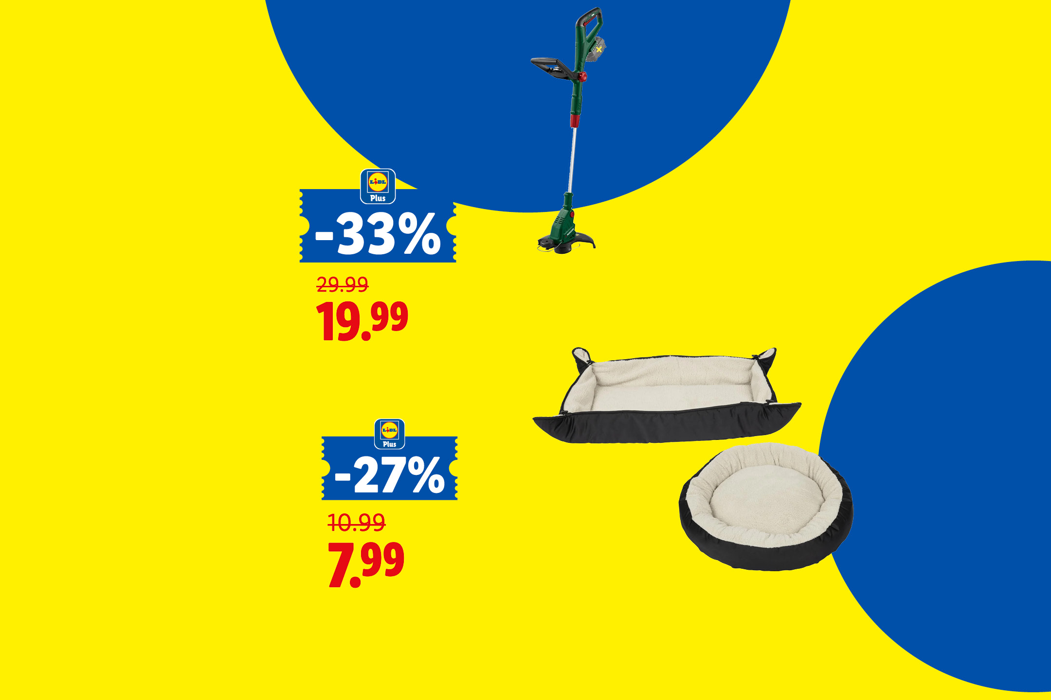 Akciový leták s vyžínačom trávy a pelechom pre domáce zvieratá, s výraznými zľavami -33% a -27%.