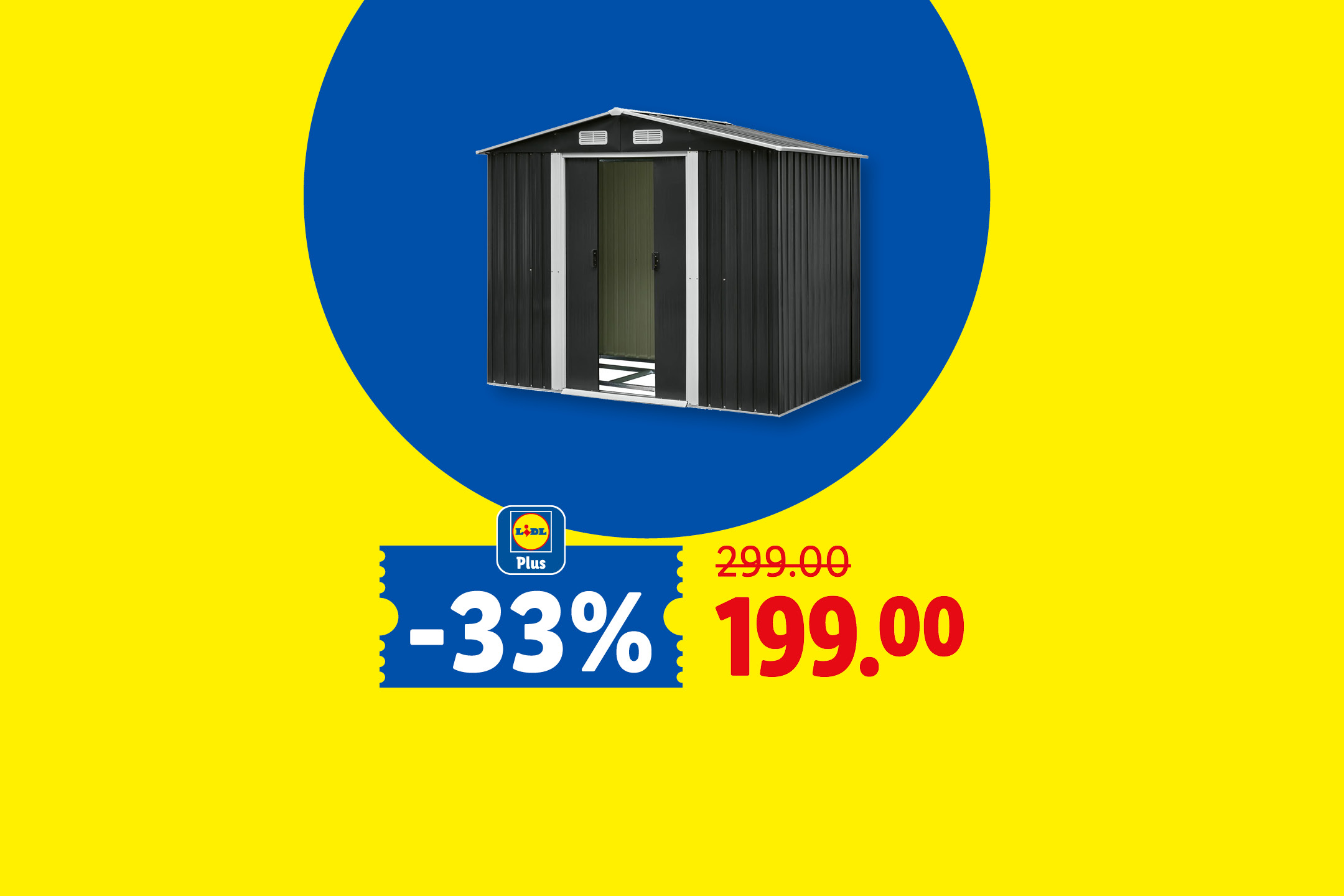 Čierna záhradná kôlňa s 33% zľavou, z 299,00 na 199,00.