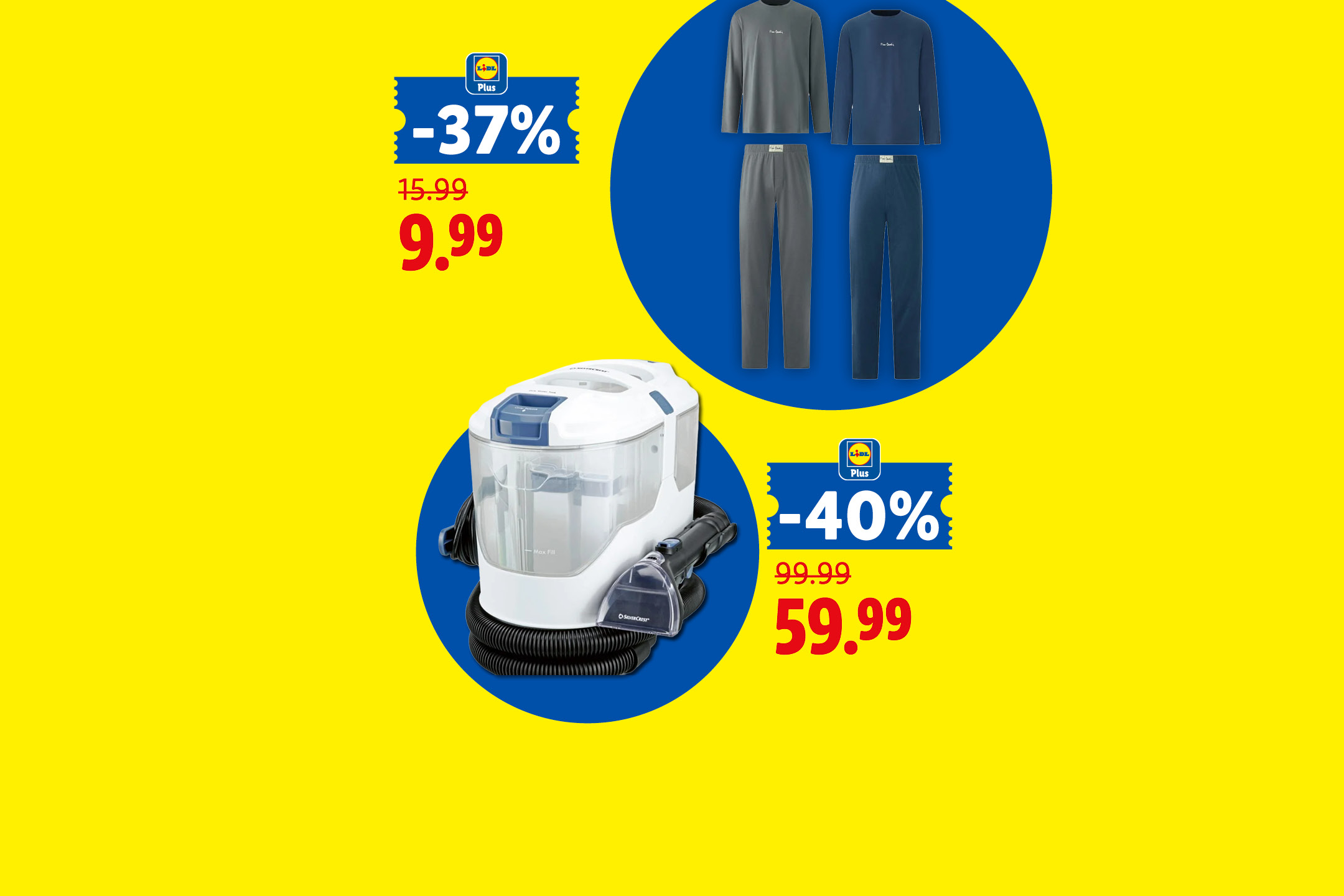 Reklama na Lidl Plus s 37% zľavou na pánske pyžamá a 40% zľavou na čistič kobercov.