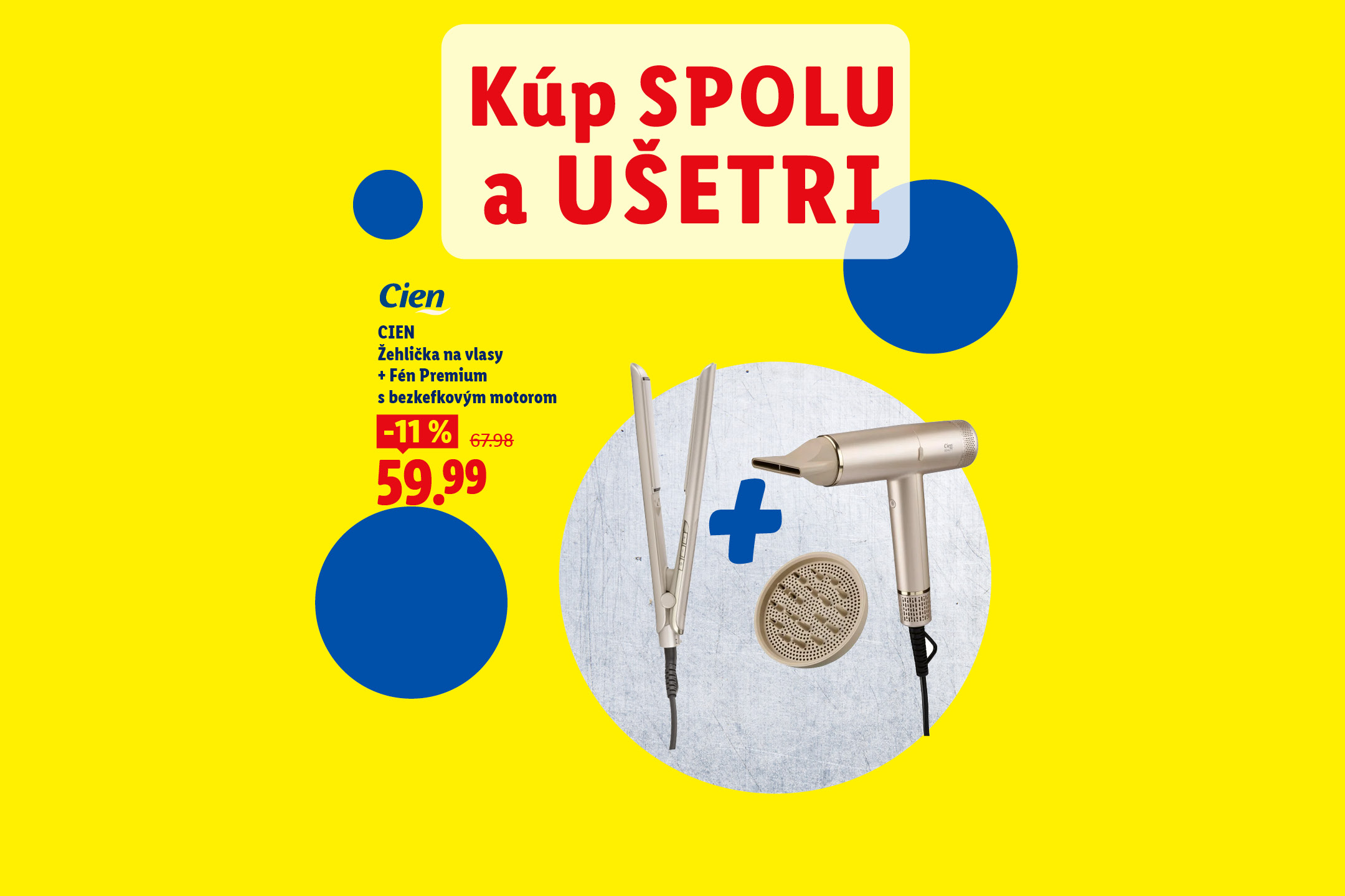 Akcia na žehličku na vlasy a fén s bezkefkovým motorom, zľava 11% na 59,99 €.