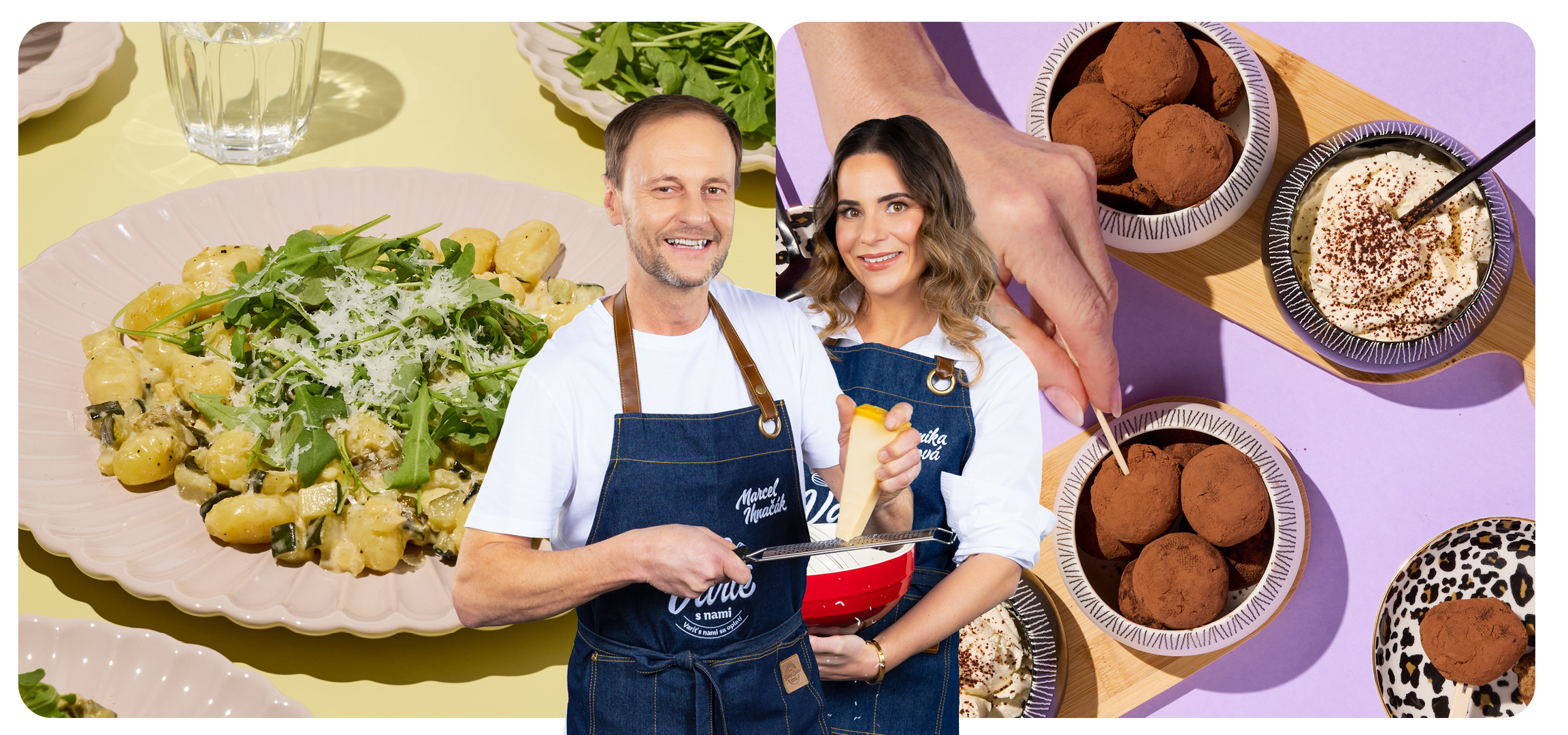 Muž pripravuje gnocchi s cuketou, kaparami a parmezánom, žena nepečené tiramisu guľôčky s mascarpone.