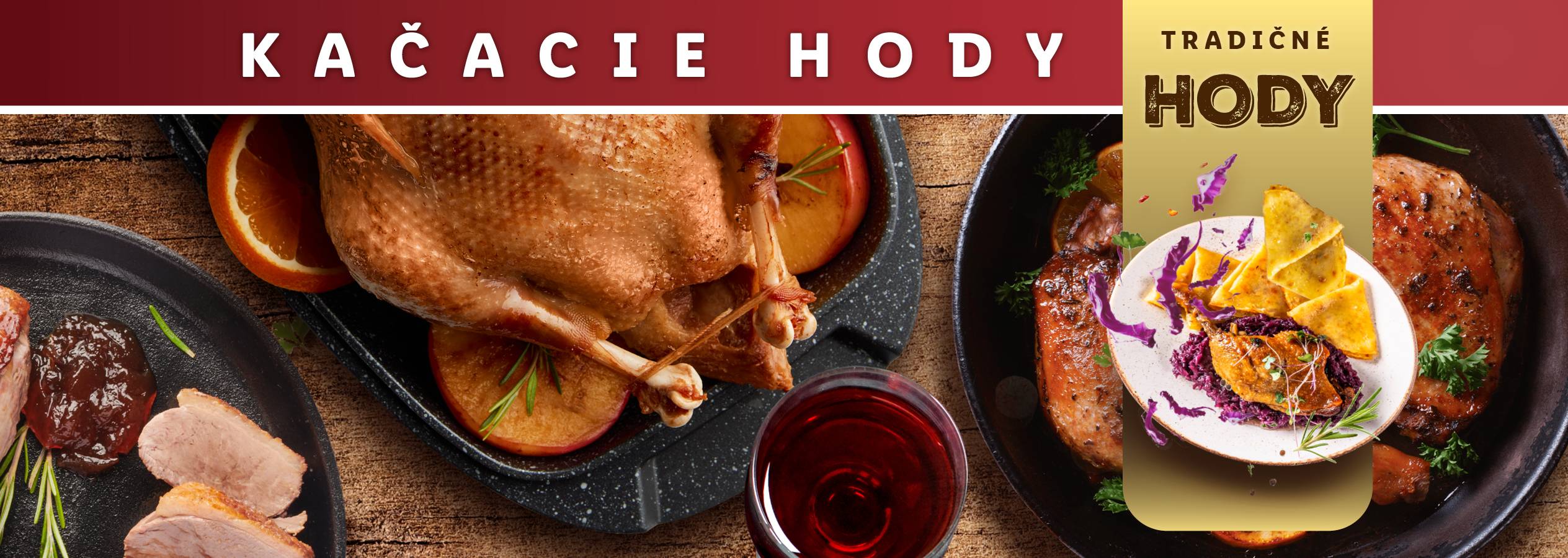 Pečená kačica, kačacie prsia a červené víno k tradičnej večeri.