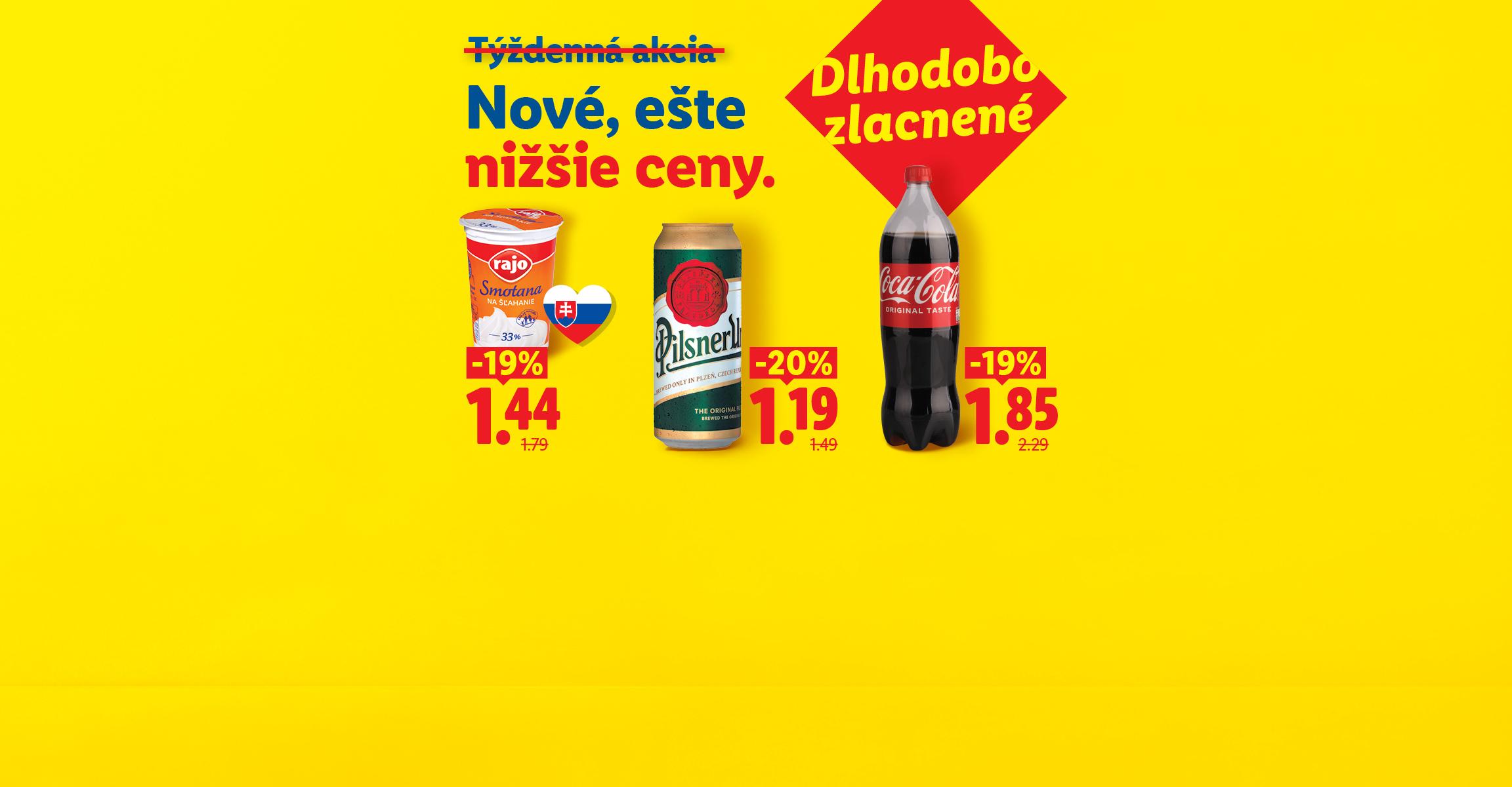 Slovesnká Rajo Smotana na šľahanie 250 ml -19 % za 1,44 €, Coca-Cola 1,5 l -19 % za 1,85 €, Pilsner Urquell 0,5 l -20 % za 1,19 €.