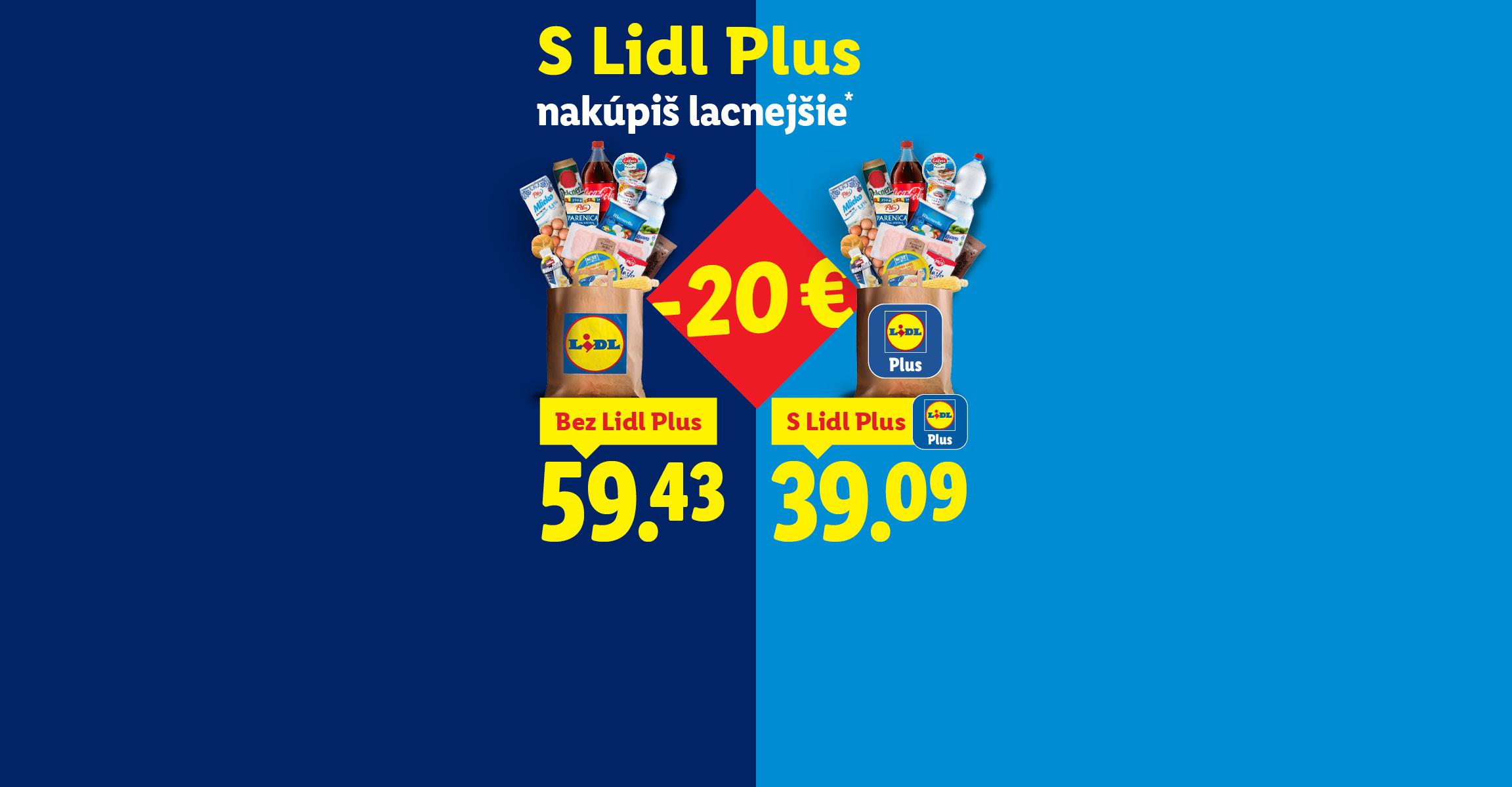 Porovnávací banner pre aplikáciu Lidl Plus. nákup „Bez Lidl Plus“ za cenu 59,43, „S Lidl Plus“ za 39,09 €, pričom v strede je výzva na úsporu „-20 €“.
