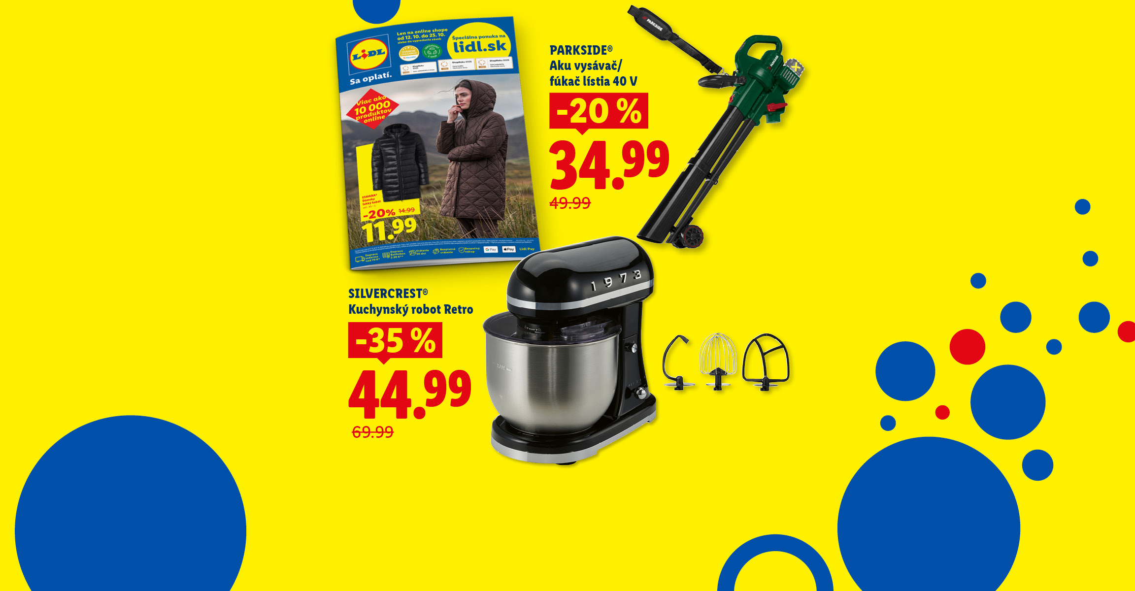 Online magazín Lidl.sk: SILVERCREST® Kuchynský robot Retro za 44,99 € (zľava -35 %, pôvodne 69,99 €) a PARKSIDE® Aku vysávač/fúkač lístia 40 V za 34,99 € (zľava -20 %, pôvodne 49,99 €).