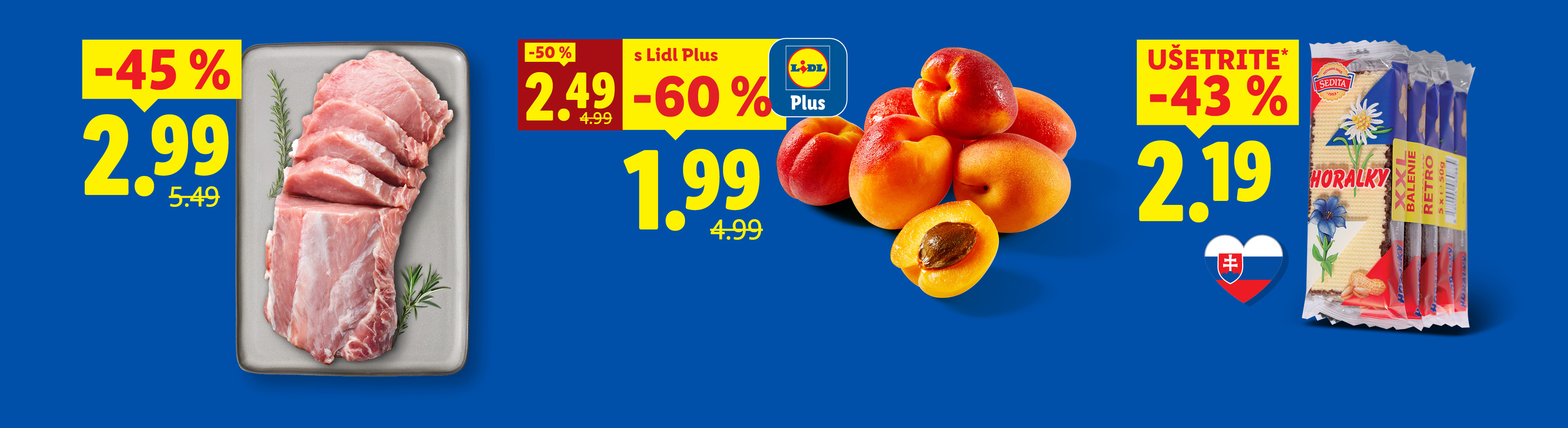 Reklama na mäso, marhule a oblátky s výraznými zľavami a cenami.