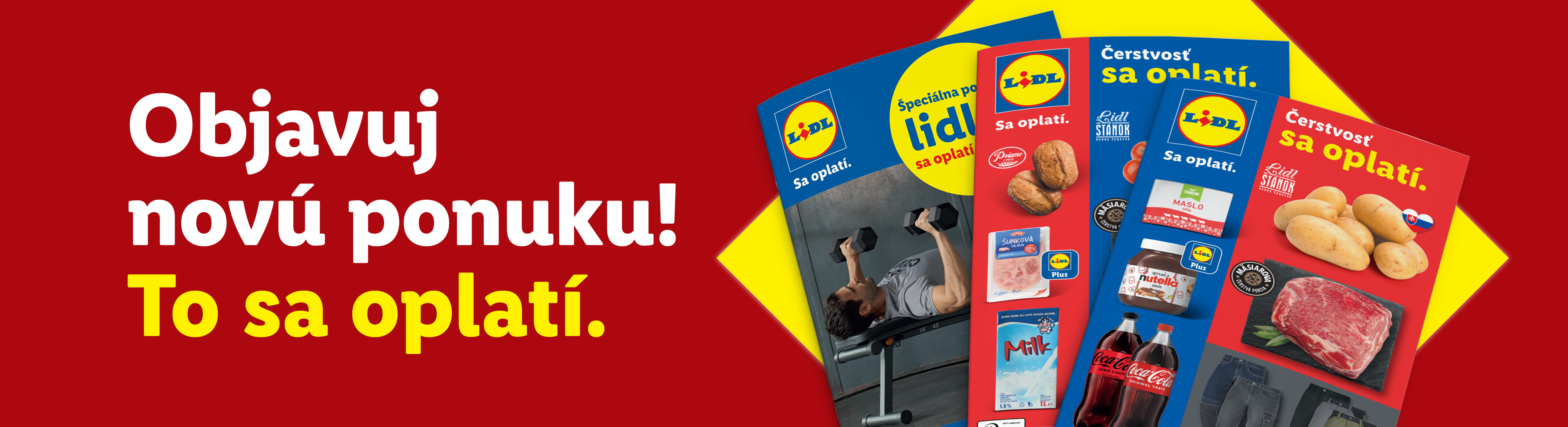 Lidl letáky s ponukou potravín ako zemiaky, mäso, Nutella, Coca-Cola a mlieko.