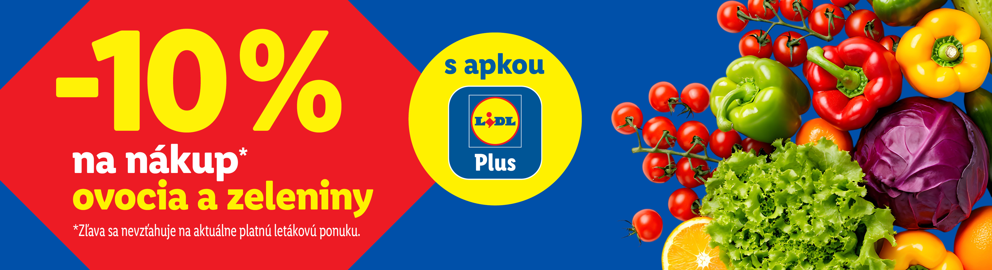 10% zľava na nákup ovocia a zeleniny s aplikáciou, zobrazené s rôznymi druhmi čerstvého ovocia a zeleniny.