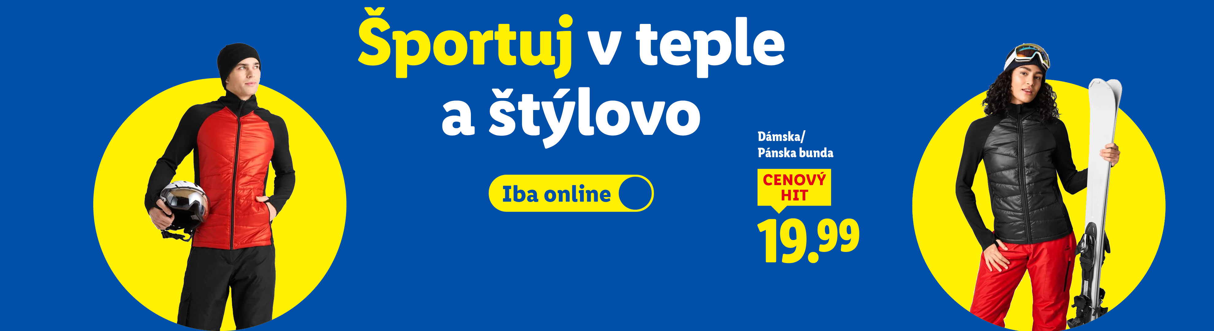 Športuj v teple a štýlovo. Zľavy na športové doplnky a oblečenie v online shope. Na obrázku pánska a dámska bunda, cenový hit, za 19,99 eur.