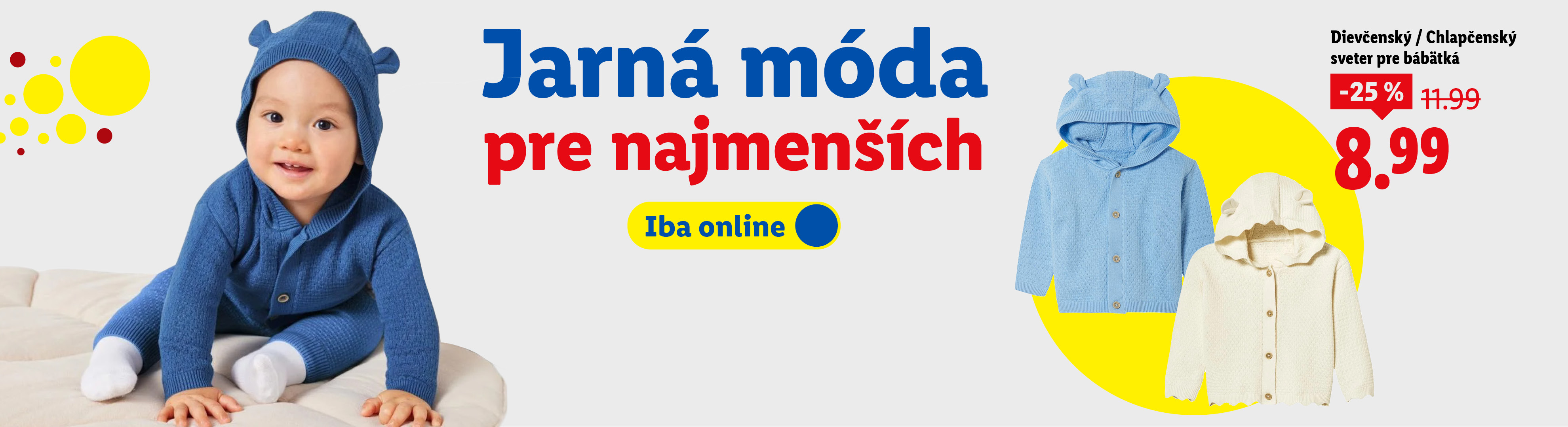 Zľavy na jarnú módu pre najmenších: Detský sveter s kapucňou, zľava 25% z 11,99 € na 8,99 €, dostupné online na e-shope.
