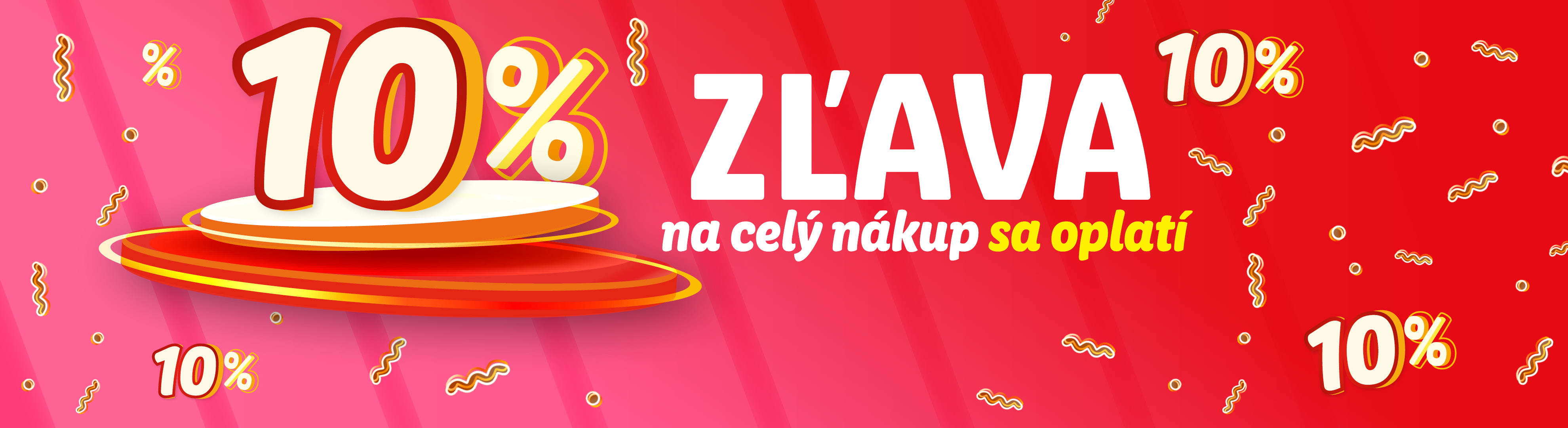10% zľava na celý nákup s červeným a ružovým pozadím.