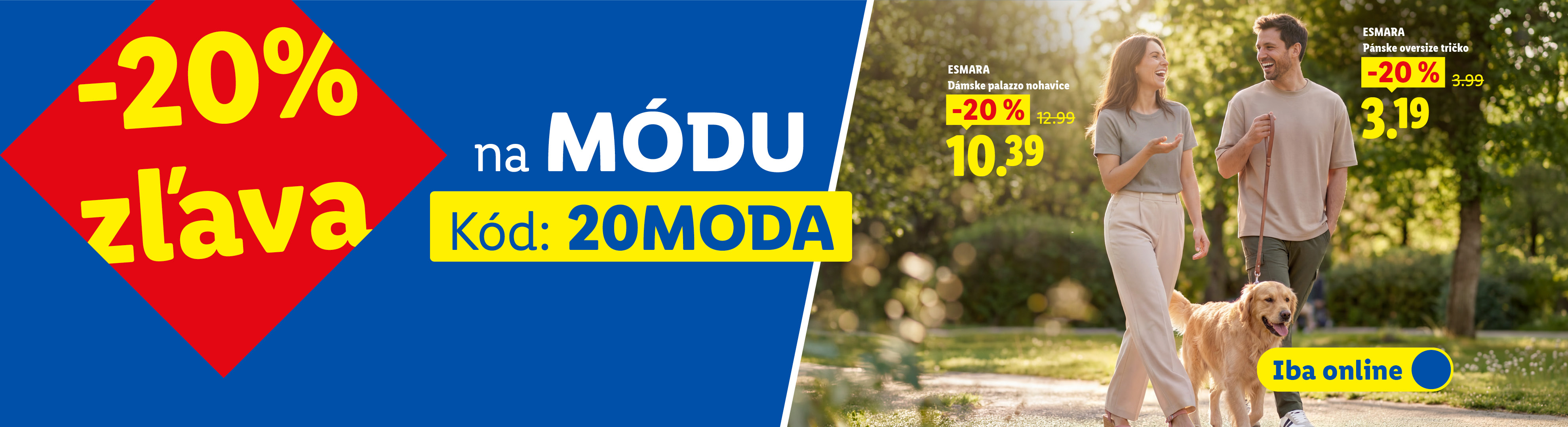 20% zľava na módu s kódom 20MODA, vrátane dámskych palazzo nohavíc po zľave za 10,39 eur a pánskeho oversize trička po zľave s kódom za 3,19 eur.