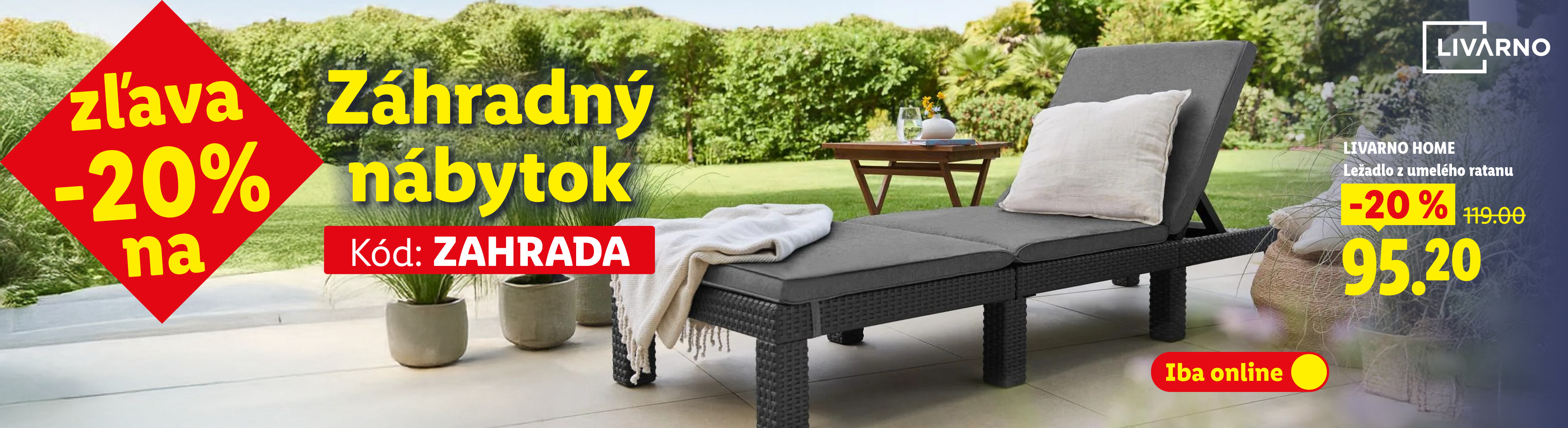 20% zľava na záhradný nábytok s kódom ZAHRADA iba v online shope. Vrátane ležadla z umelého ratanu so zľavou za 95,20 eur.