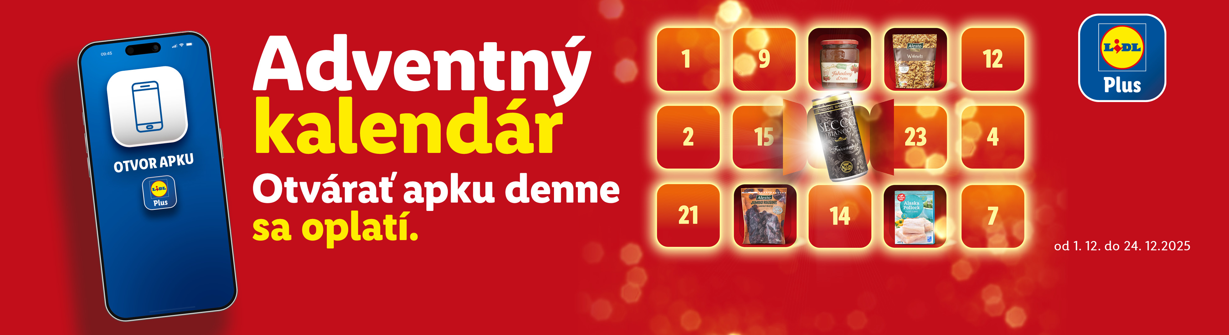 Lidl Adventný kalendár s produktmi ako orechy, džem, víno a ryby, s výzvou otvoriť aplikáciu denne.