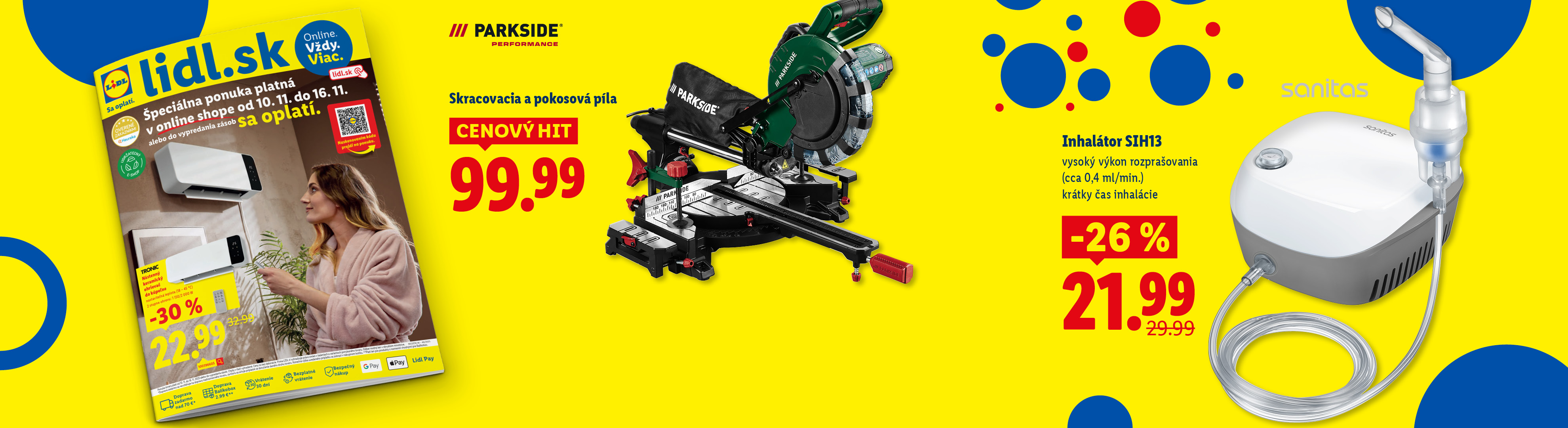 Lidl leták s ponukou Parkside skracovacej píly, Sanitas inhalátora a Tronic ohrievača.