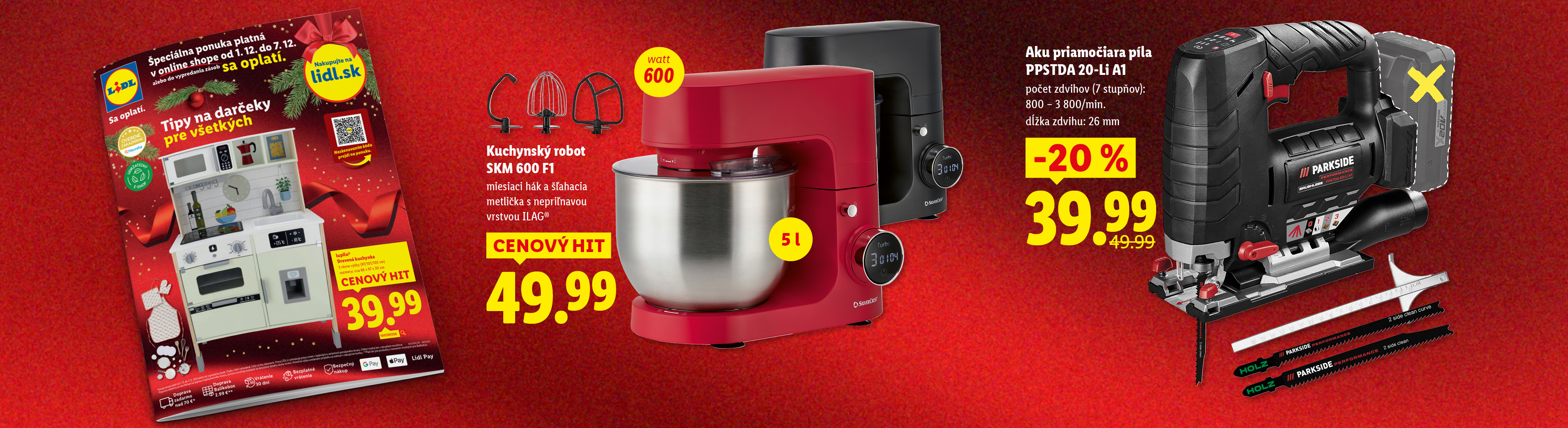 Lidl leták s kuchynským robotom Silvercrest, priamočiarou pílou Parkside a drevenou kuchynkou.
