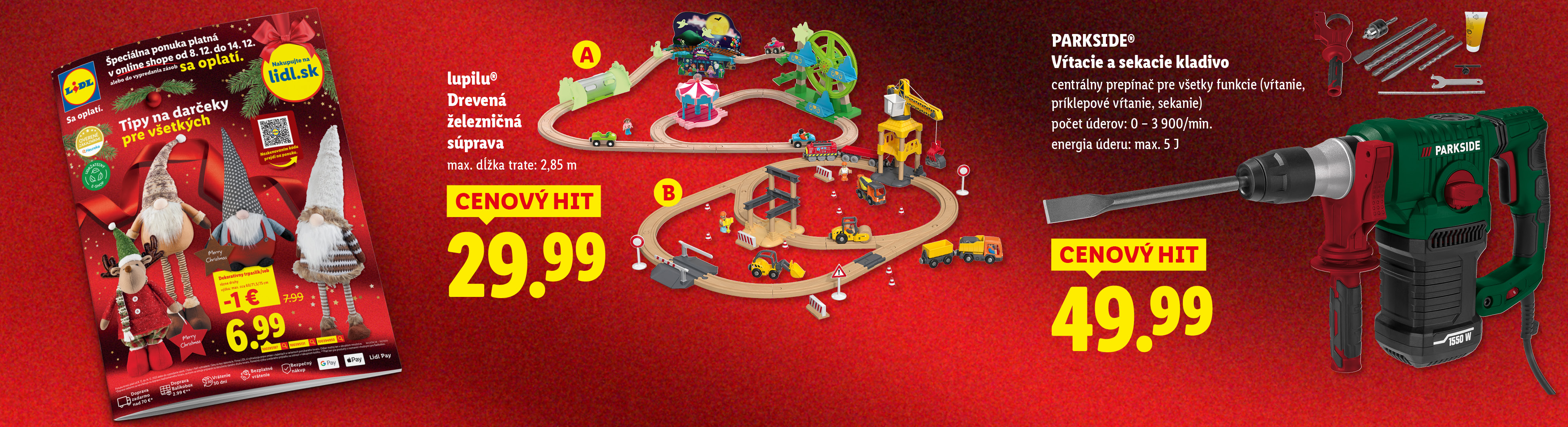 Vianočné dekorácie, drevená železničná súprava Lupilu a vŕtacie a sekacie kladivo Parkside.
