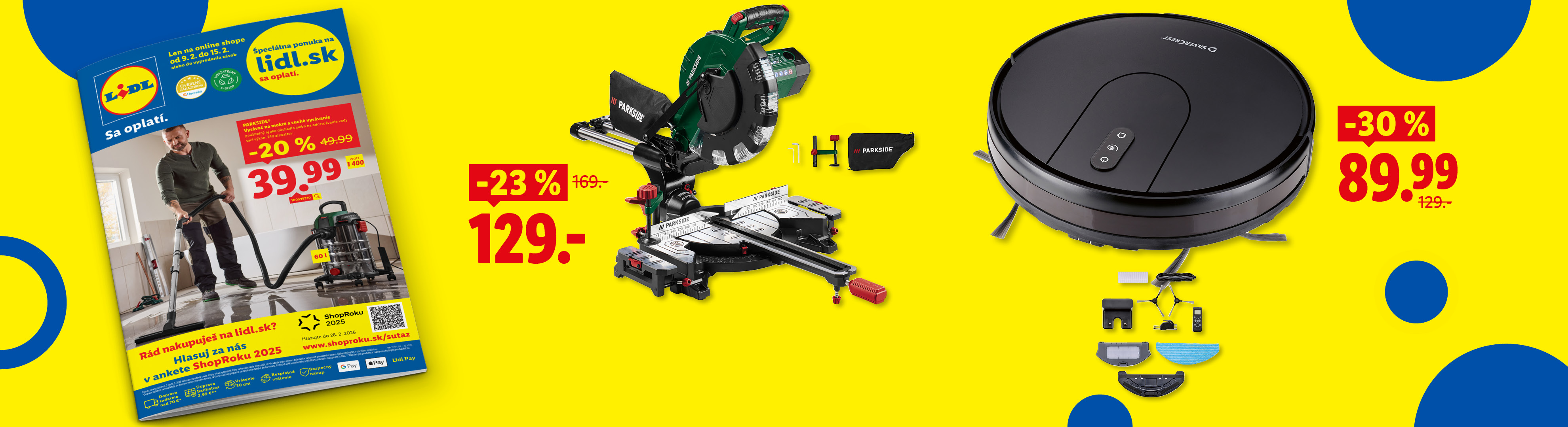 Online magazín. Leták s ponukou vysávača, pokosovej píly a robotického vysávača so zľavami v online shope.
