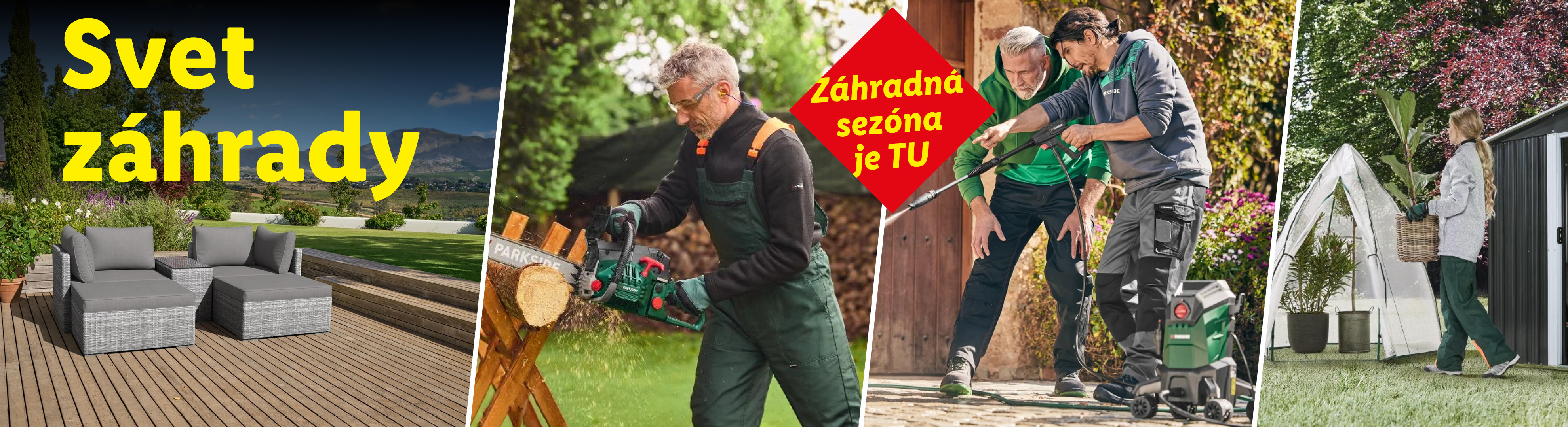 Svet záhrady: Záhradná sezóna je TU. Vonkajšie sedenie, muž píli drevo, muži čistia terasu, žena nesie rastlinu.