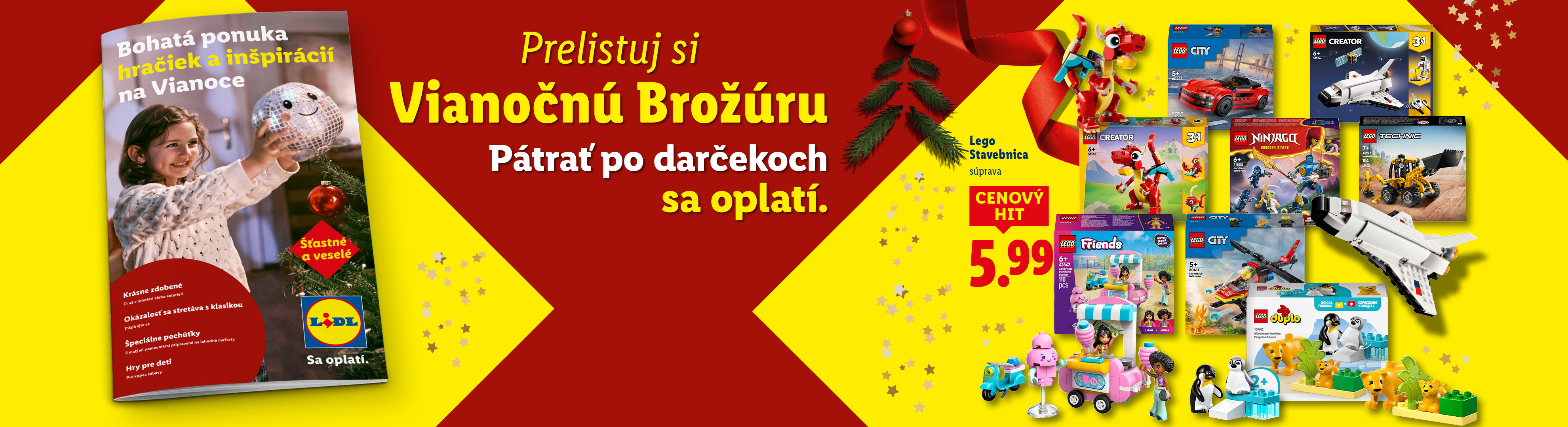 Vianočná brožúra Lidl s ponukou hračiek a inšpirácií, vrátane stavebníc LEGO City, Creator, Ninjago, Technic, Friends a Duplo.