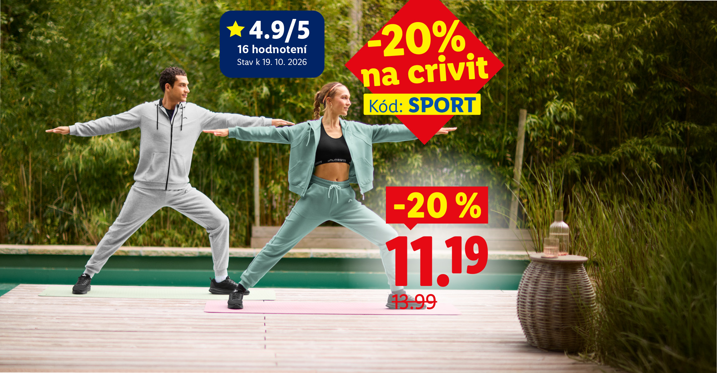 -20 % na CRIVIT s kódom SPORT (iba online): CRIVIT® Pánske tenisky za 11,99 € (-20 %, pôvodne 14,99 €) a Dámska mikina za 11,19 € (-20 %, pôvodne 13,99 €, hodnotenie 4.9/5)