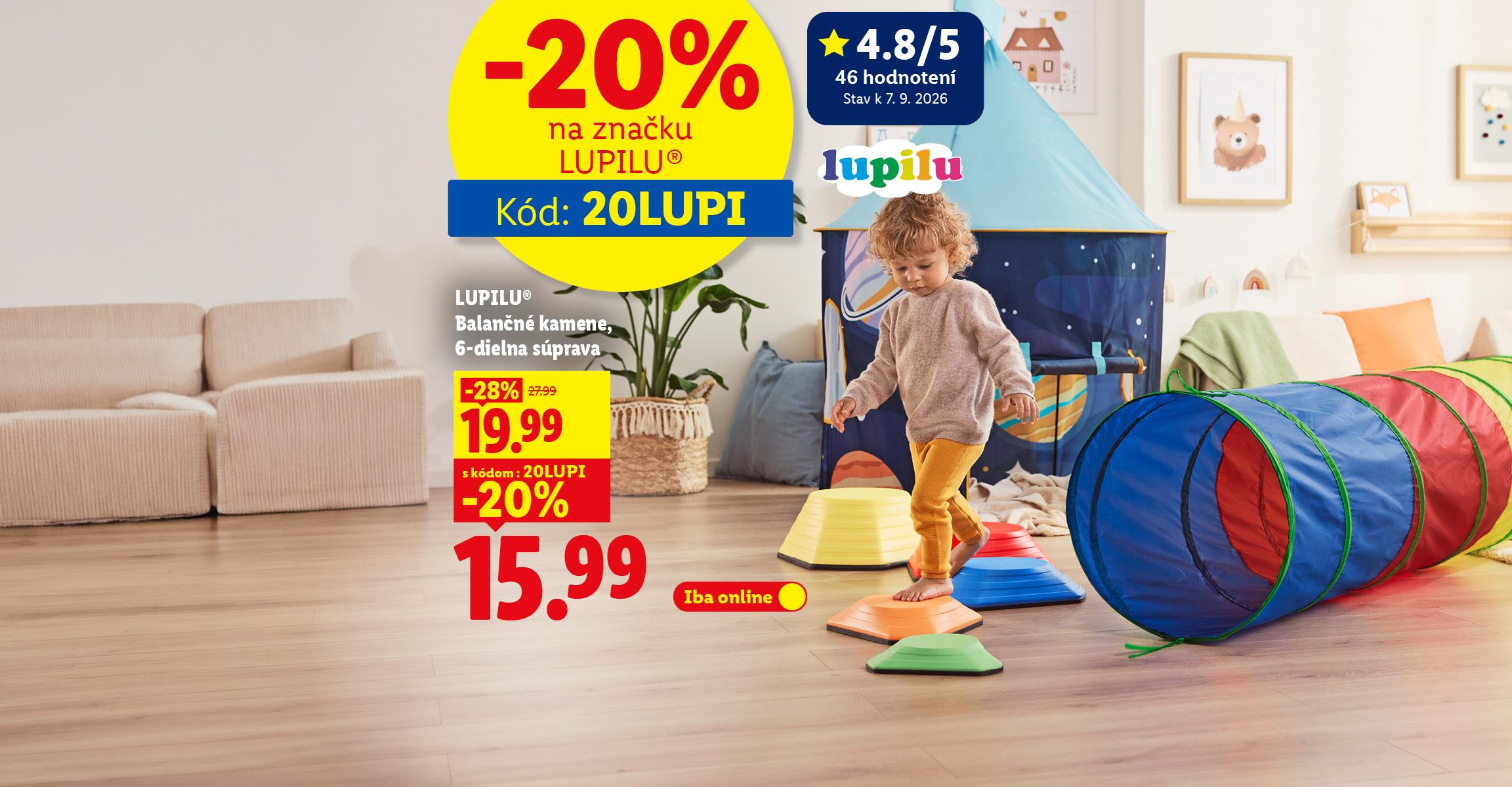 -20 % na značku LUPILU® s kódom 20LUPI. Balančné kamene, za 15,99 € (zľava z 27,99 € na 19,99 €, s kódom 20LUPI ďalších -20 %). Hodnotenie 4.8/5 (46 hodnotení, stav k 7. 9. 2026). Iba online.