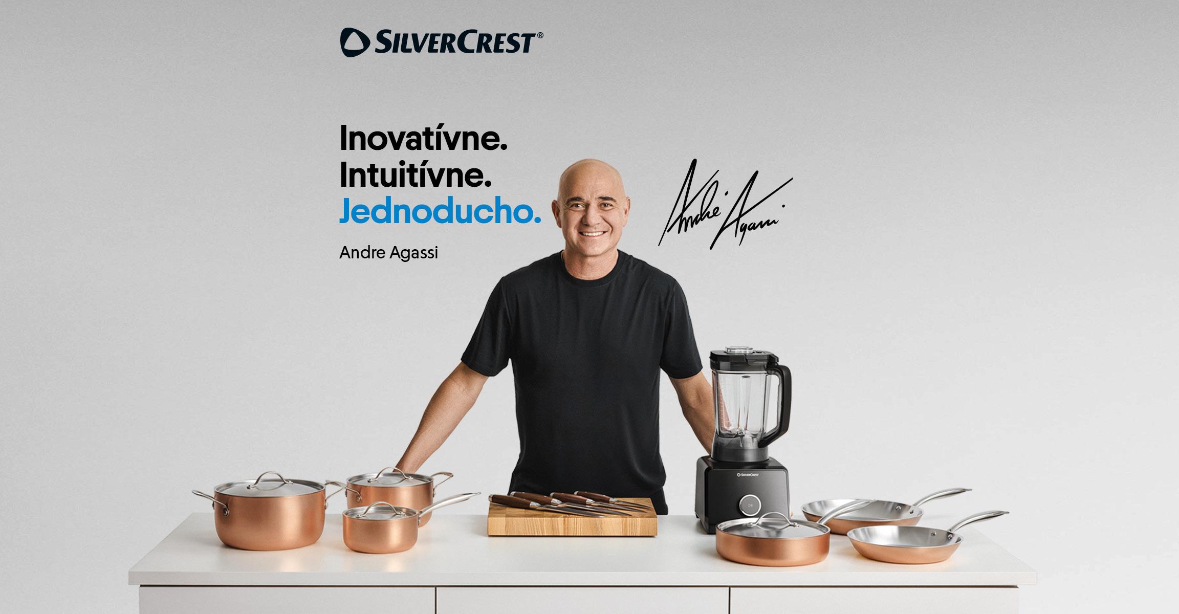 Kuchynský riad, mixér a nože s Andre Agassim a textom Inovatívne. Intuitívne. Jednoducho.