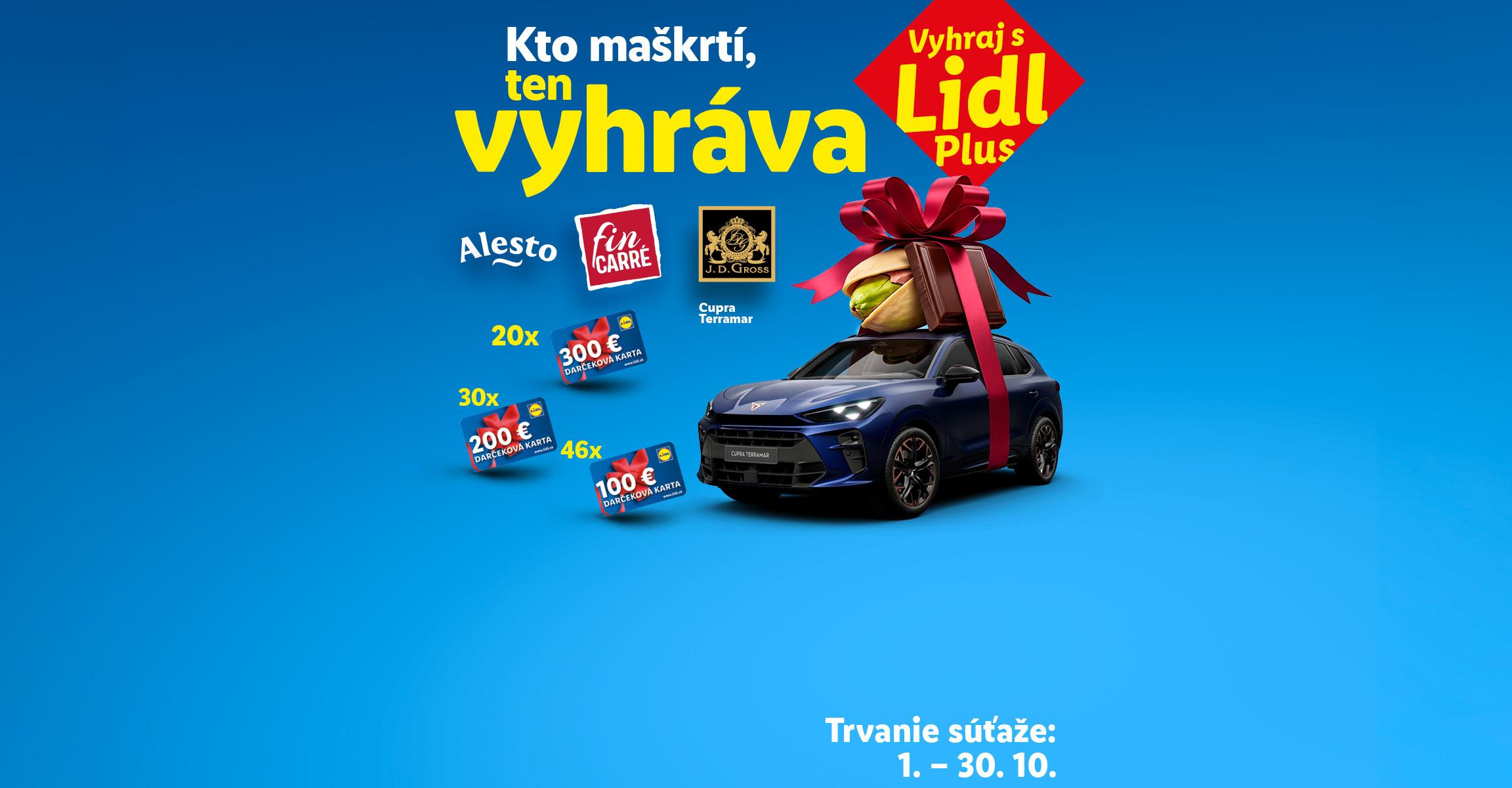 Kto maškrtí, ten vyhráva. Výhra auto Cupra Terramar a karty 20x 300€, 30x 200€, 46x 100€. Trvá 1.-30.10. Pri nákupe Alesto, Fin Carré, J.D. Gross.