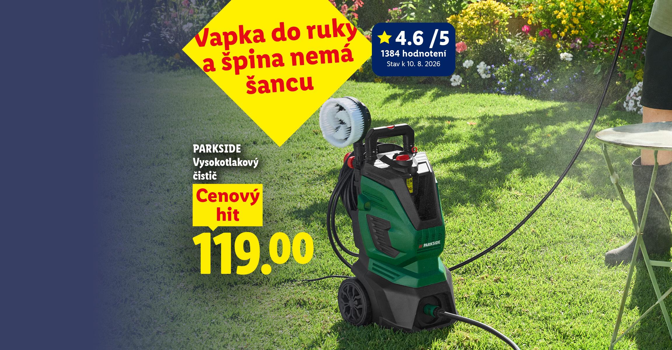 Žena čistí záhradný stôl vysokotlakovým čističom, zvýraznený ako „Cenový hit“ za 119,00.