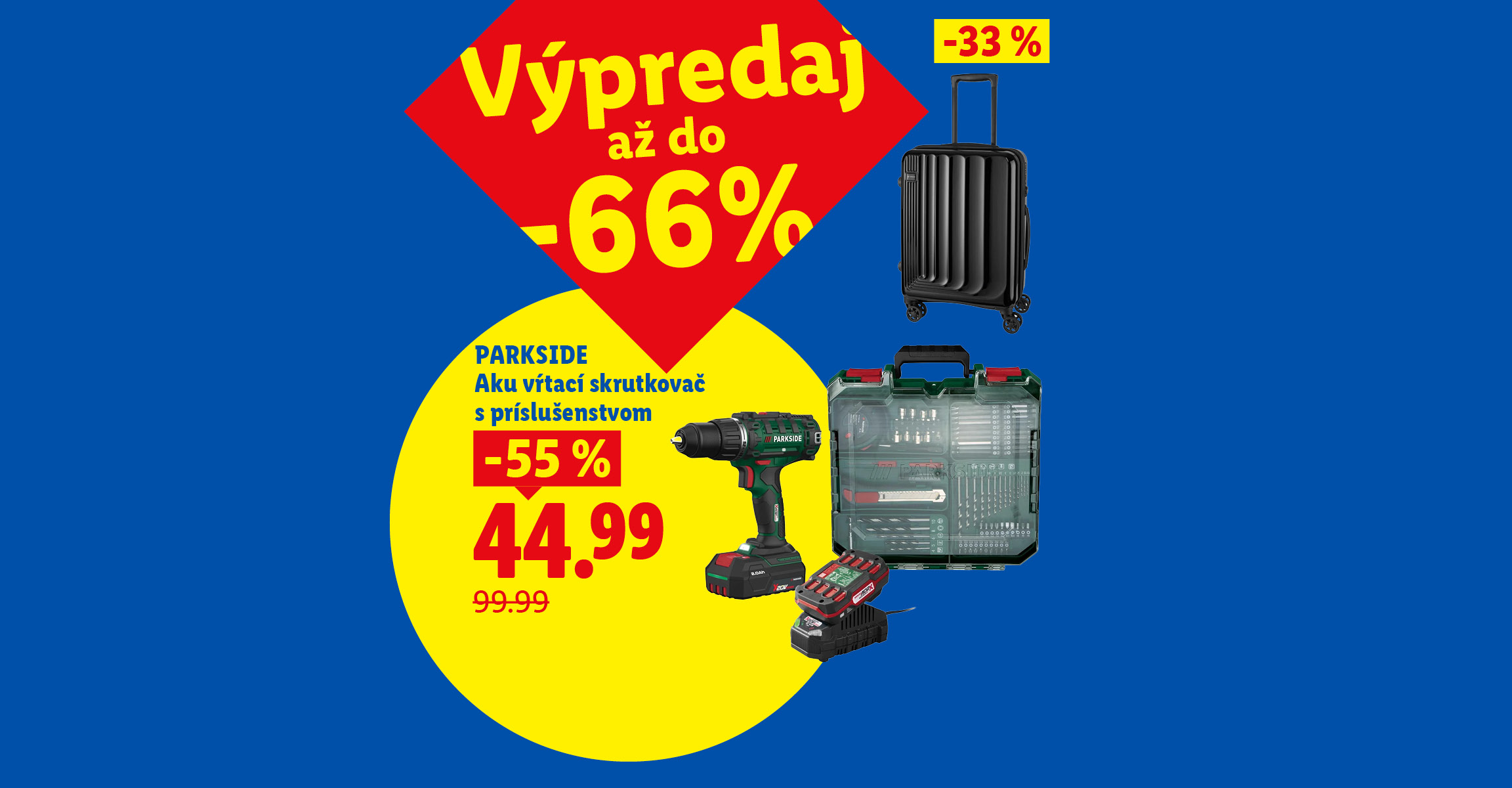 Výpredaj až do -66 %: PARKSIDE Aku vŕtací skrutkovač s príslušenstvom za 44,99 € (zľava -55 %, pôvodne 99,99 €). Iba online.