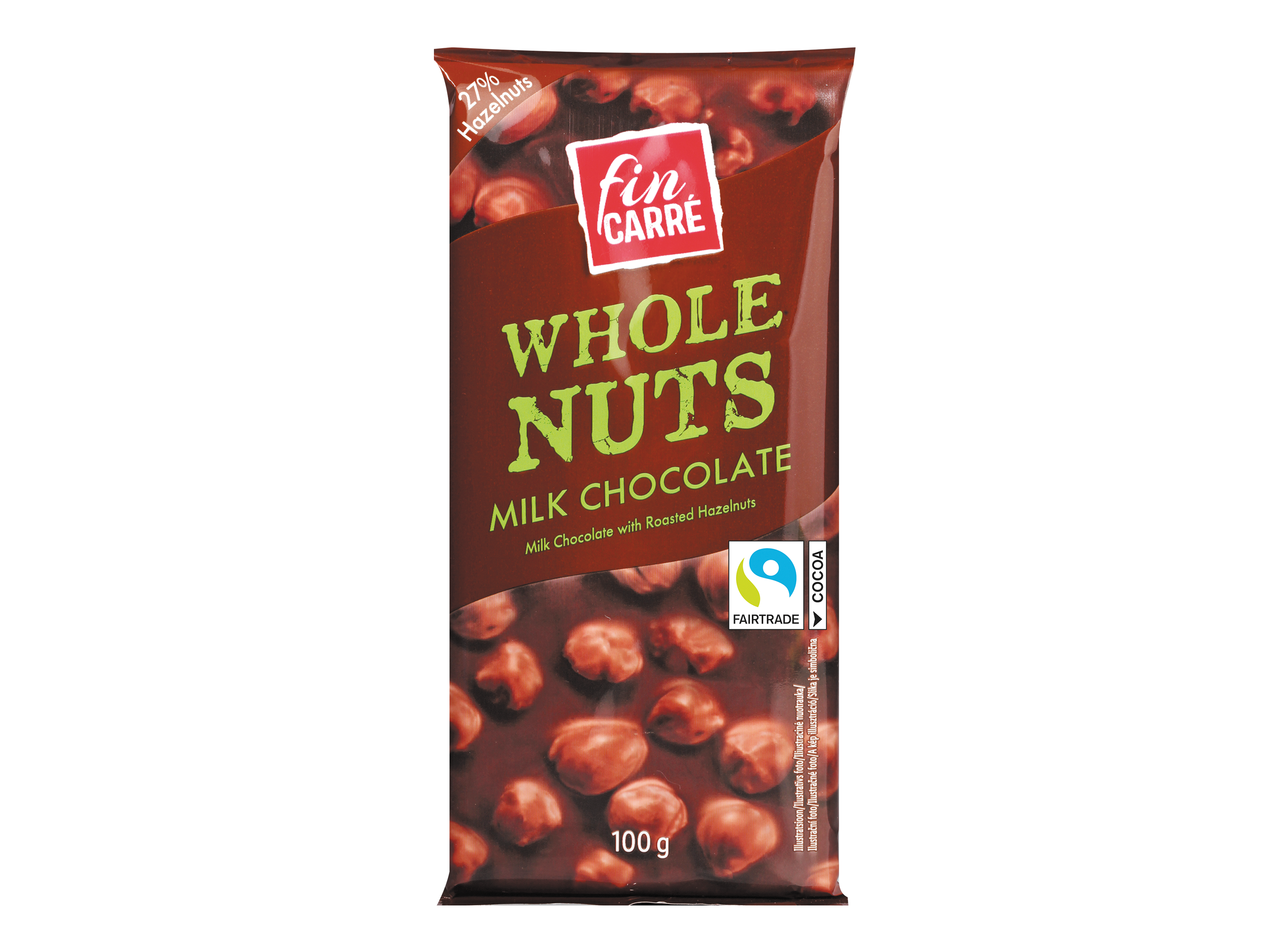 Mliečna čokoláda Fin Carré Whole Nuts so 27% lieskových orieškov, 100g.