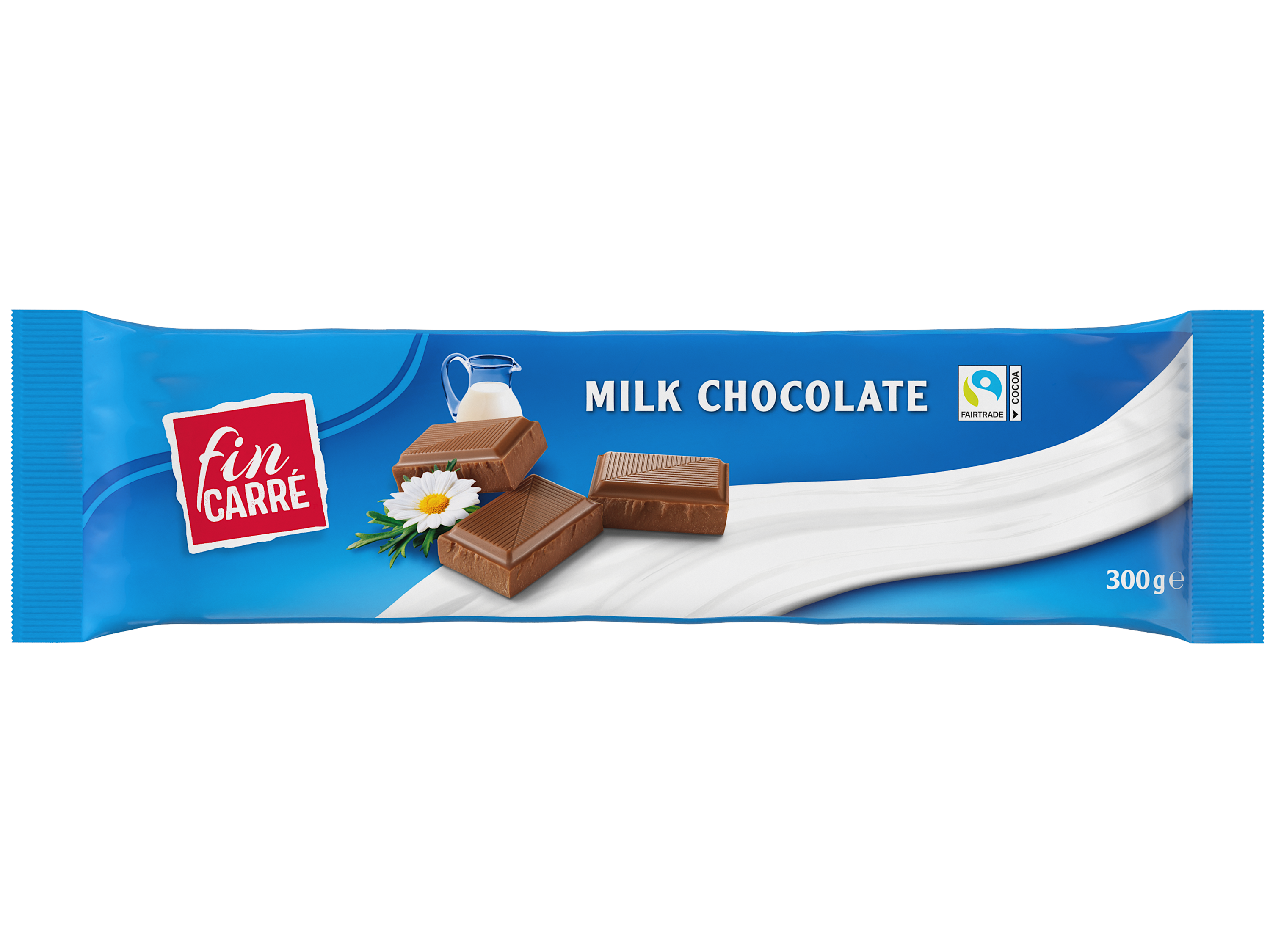 Modré balenie mliečnej čokolády Fin Carré s obrázkom čokoládových kociek, džbánu mlieka a kvetu.