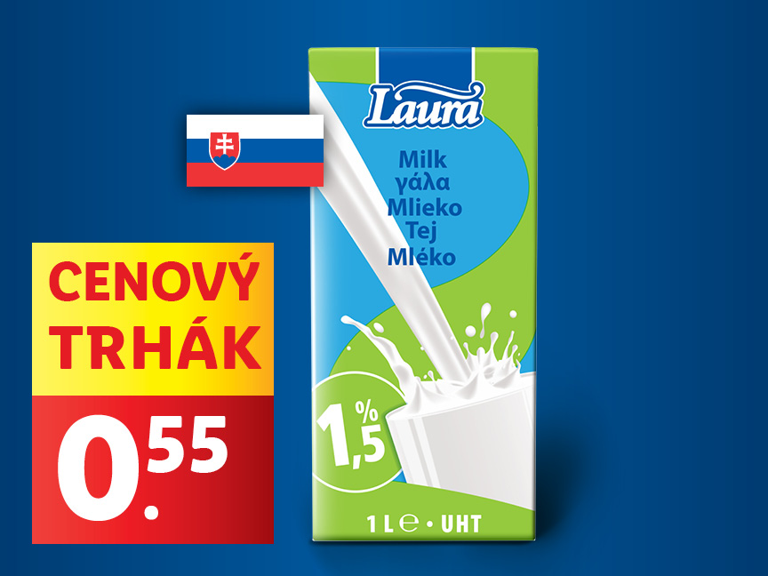 Cenovo výhodný 1,5% mlieko Laura v 1l balení.