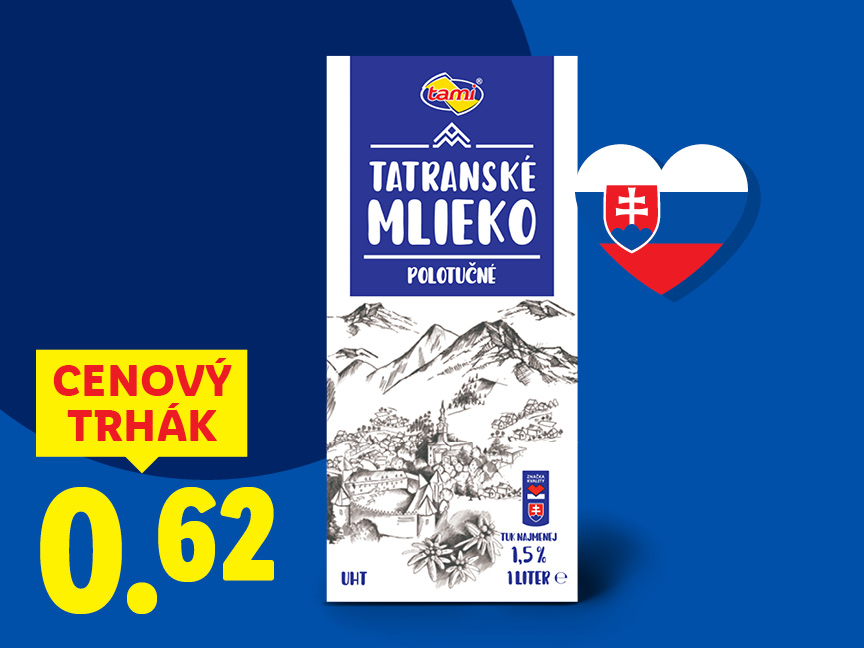 Tami Tatranské Mlieko, polotučné mlieko v akciovej cene 0,62€.