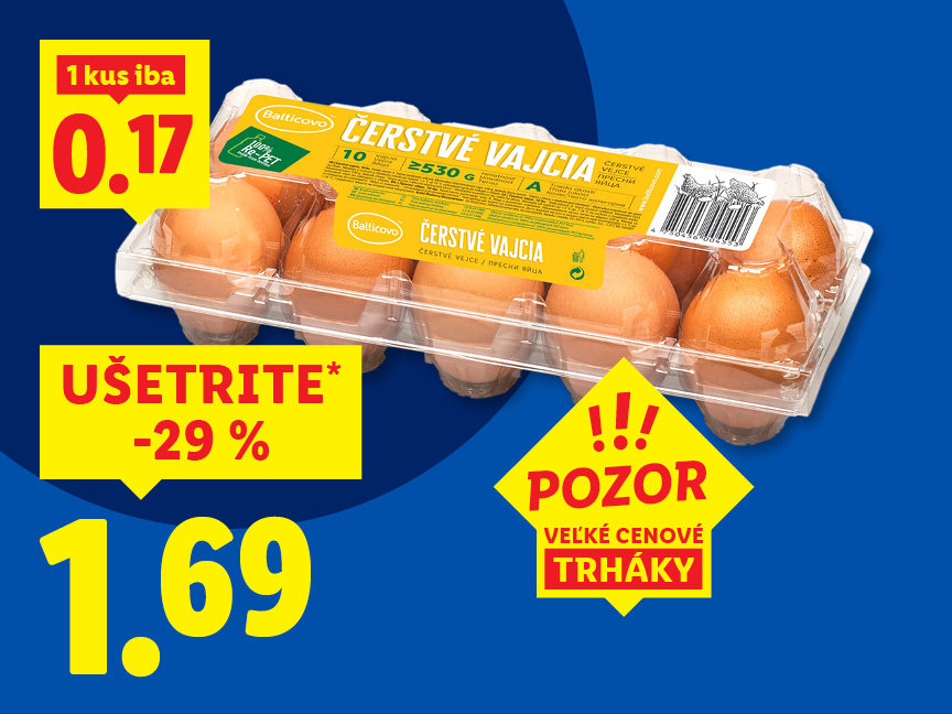 Balticovo čerstvé vajcia v akcii za 1,69 € s úsporou 29%.