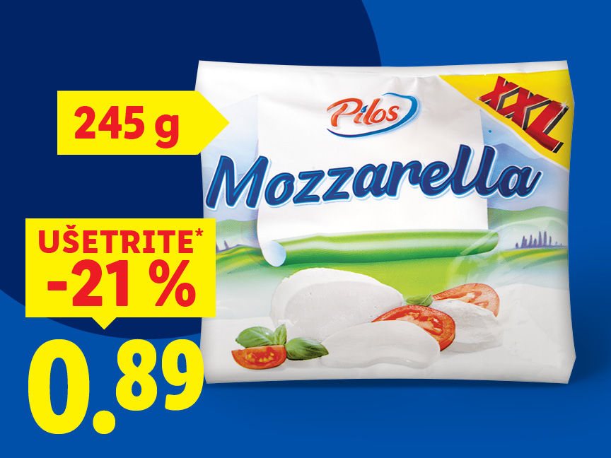 Balenie mozzarelly Pilos XXL s hmotnosťou 245 g, zľava 21 % za 0,89.
