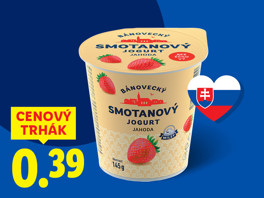 Bánovecký smotanový jogurt jahoda v akciovej cene 0,39 €.