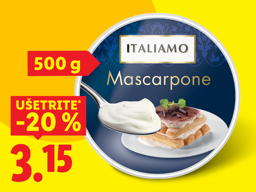 Reklama na mascarpone Italian s hmotnosťou 500 g, zľavou 20 % a cenou 3,15.