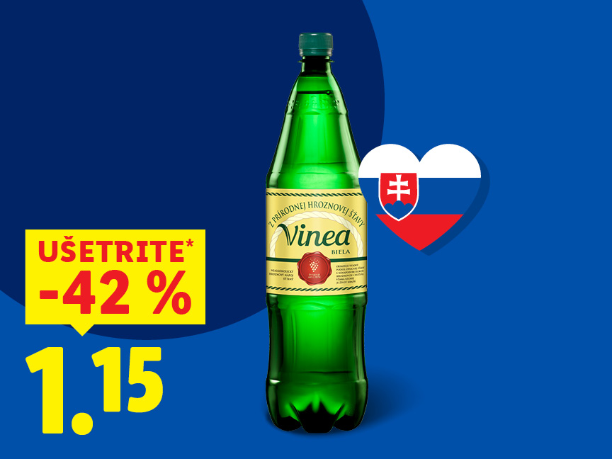 Vinea Biella, slovenský nápoj, zľava 42%, cena 1,15€.