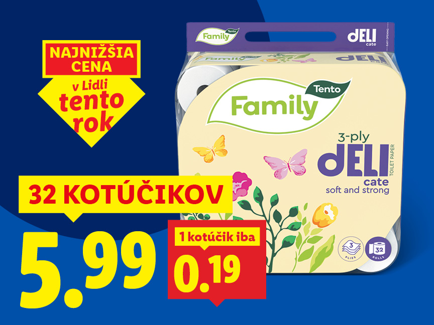 Balenie 32 kotúčikov toaletného papiera Family Deli cate za 5,99 € (0,19 €/kotúč).