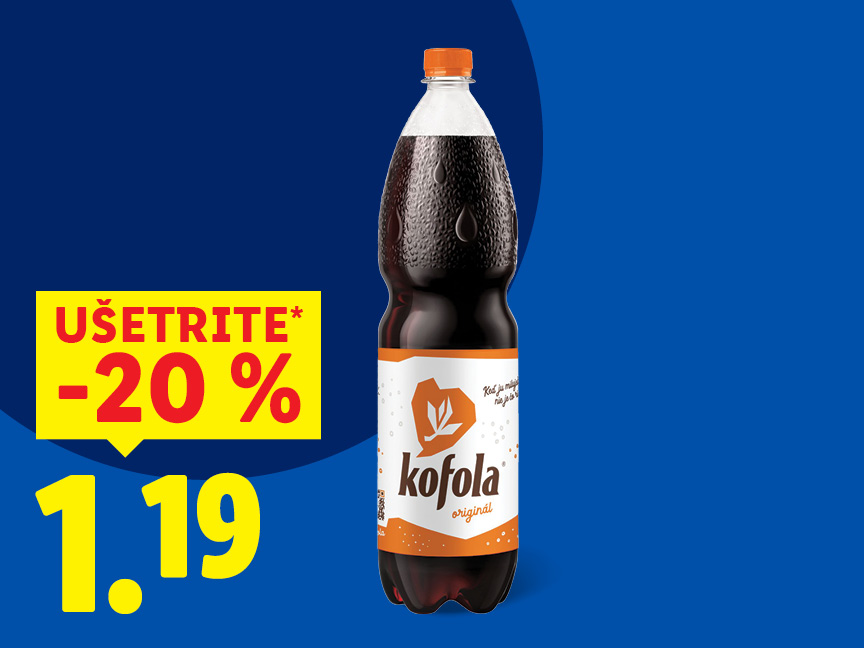 Fľaša Kofoly s nápisom „UŠETRITE* -20 %“ a cenou „1.19“.