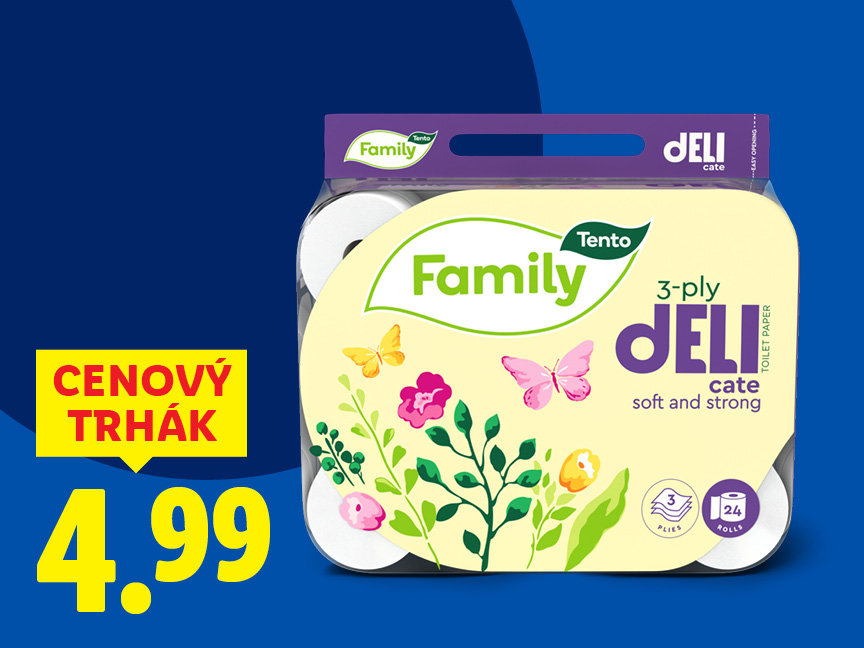 Balenie 24 toaletných papierov Deli Family 3-vrstvové, cena 4,99€.