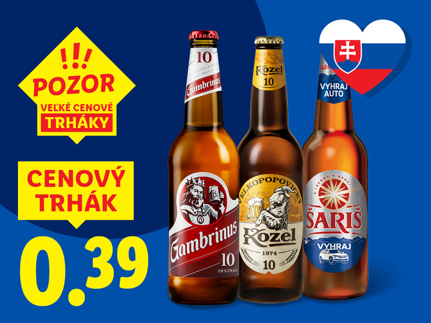Reklama na pivo s fľašami Gambrinus, Kozel a Šariš, zvýrazňujúca cenu 0,39 a akcie.