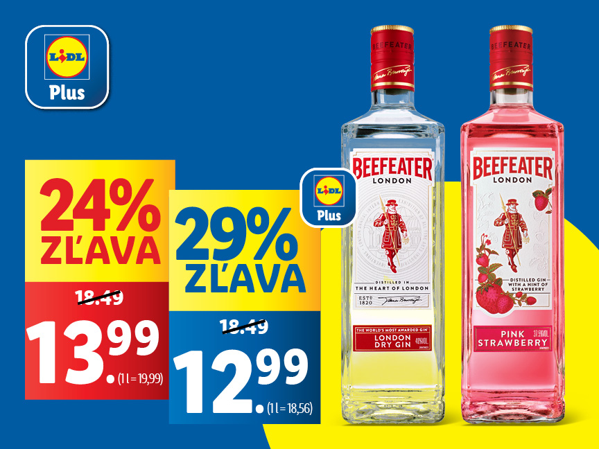 Akciová ponuka v Lidli: Beefeater London Dry Gin a Beefeater Pink Strawberry Gin so zľavou.