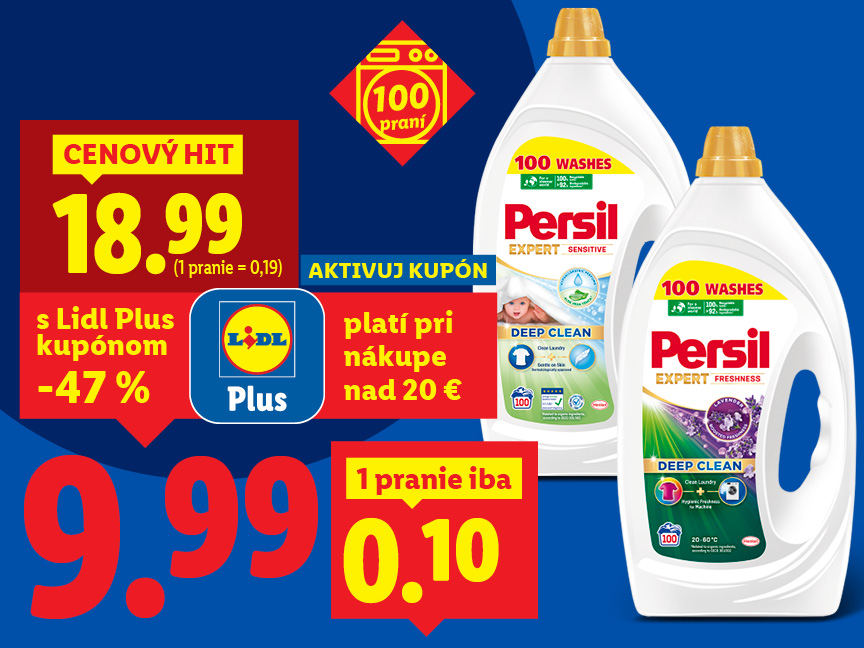 Reklama na prací gél Persil s cenou 9,99 € a informáciami o zľave.