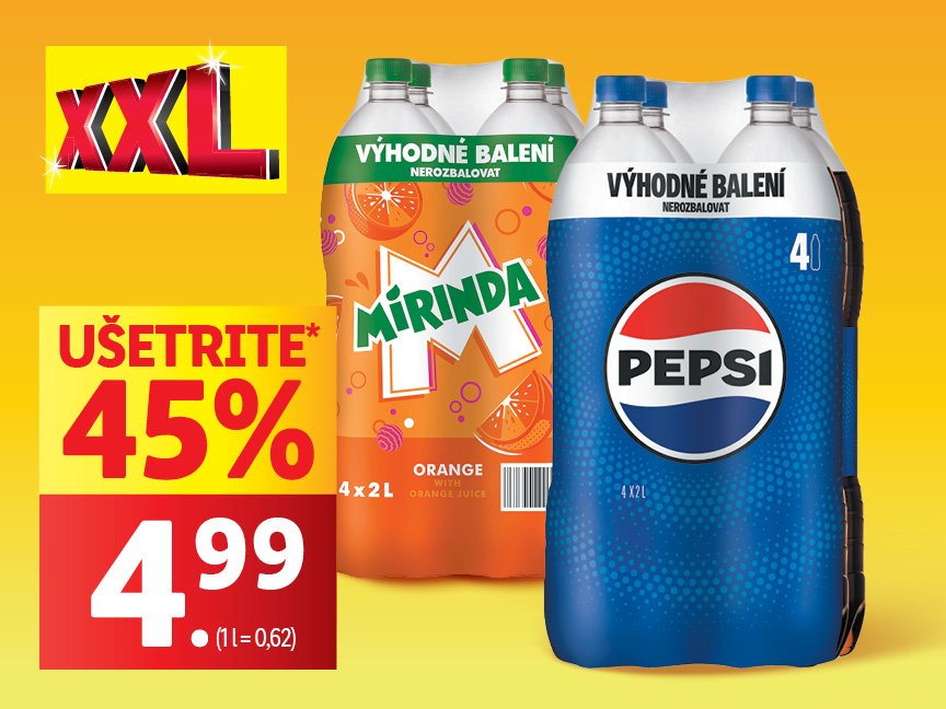 XXL balenie Pepsi a Mirinda za 4,99€ s 45% zľavou.