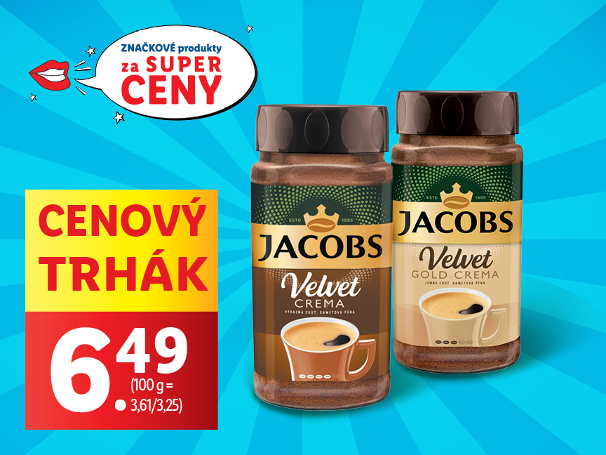 Akciová ponuka kávy Jacobs Velvet Crema a Gold Crema za 6,49 €.